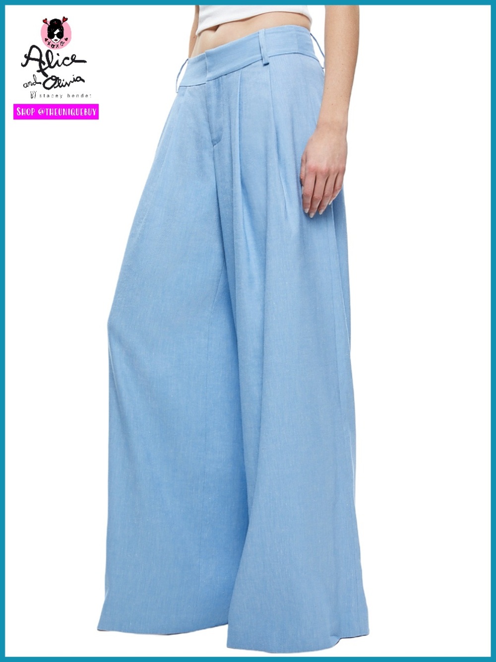 Alice + Olivia Scarlet Wide Leg Blue Linen Blend Flare Pant